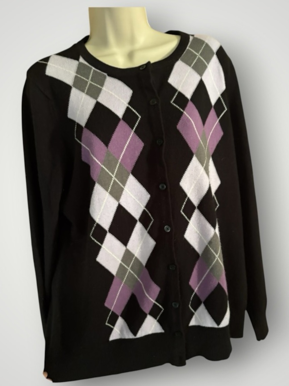 Black Lavender Gray Argyle Lightweight Button Down Cardigan Sweater Career XL